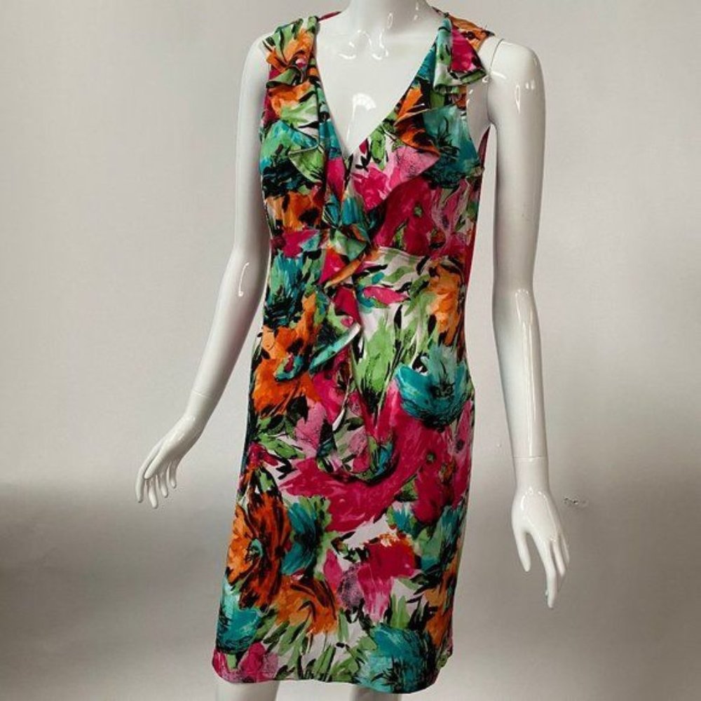 A Dressing Woman Fit and Flare Dress Sm Pink,White Tropical 95% Polyester, 5% Po